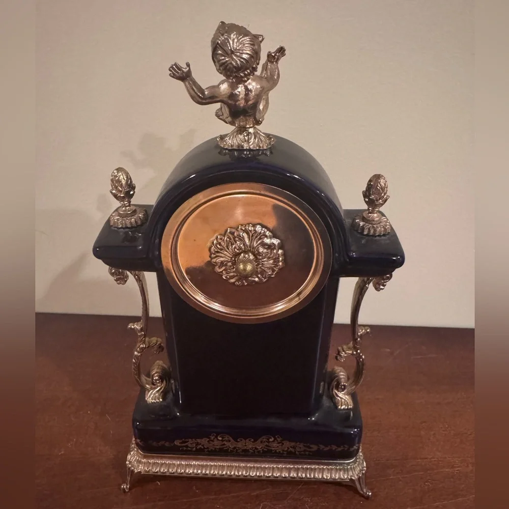 A Vintage French Cobalt Blue Porcelain Mantel Clock